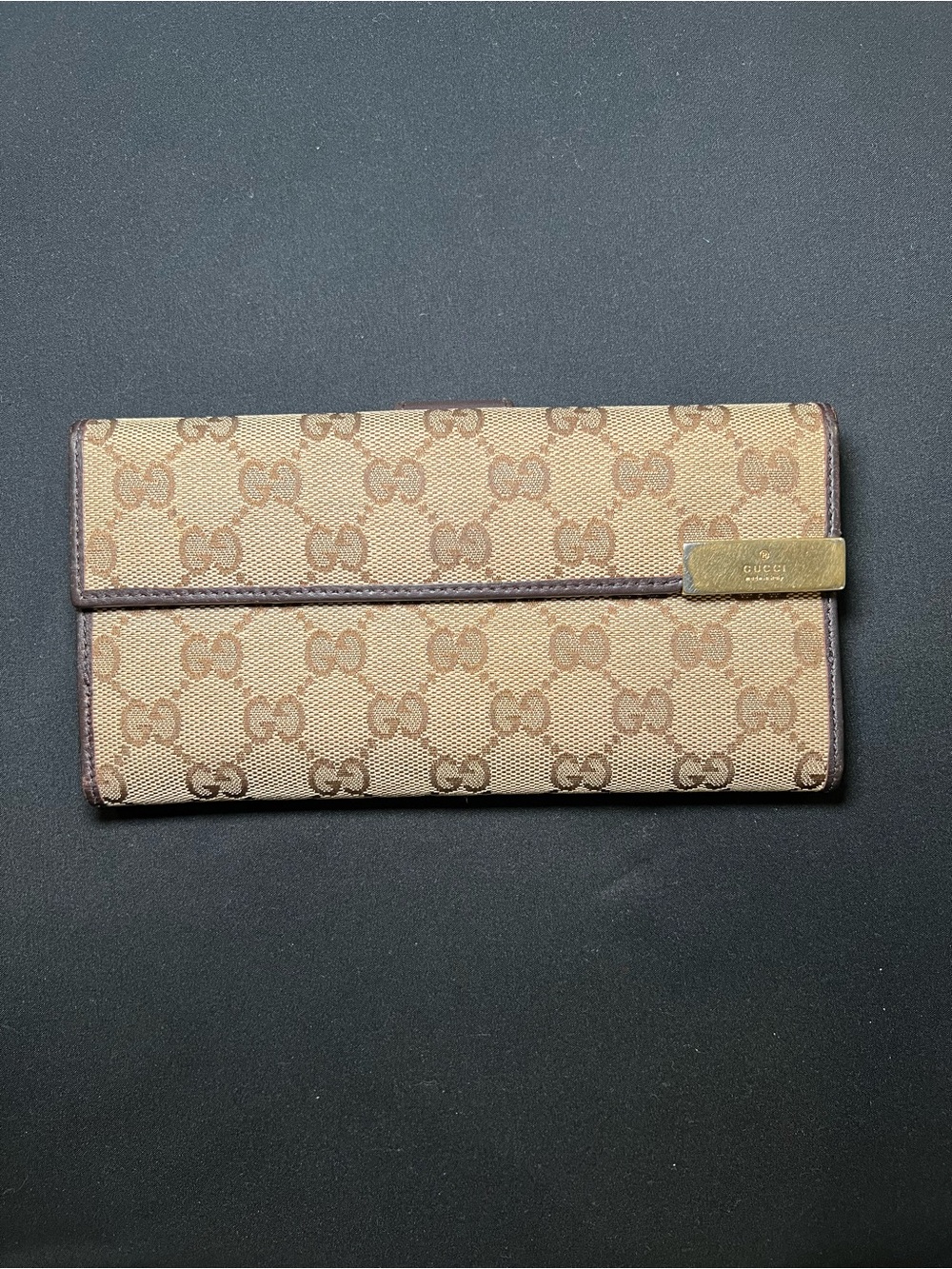 Gucci Beige GG Monogram Continental Wallet with Brown Trim and Gold Plaque